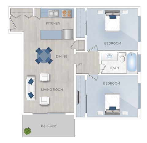 Floor plan for 2 beds, 1 bath, 718 sqft